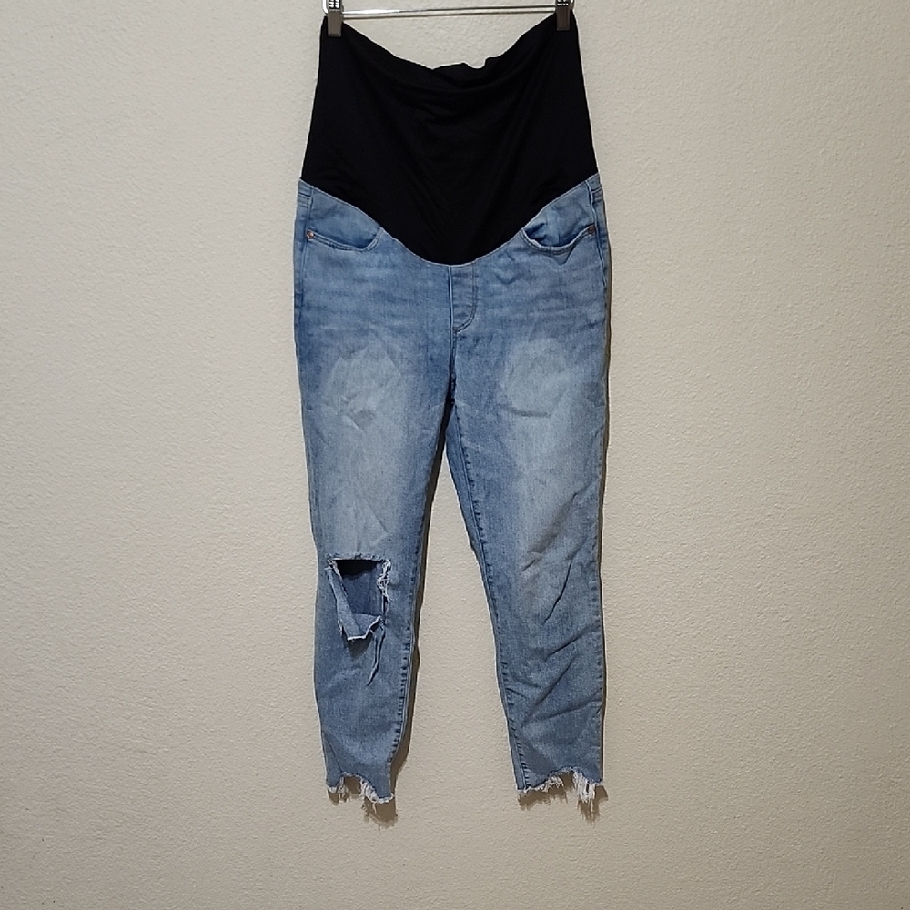 LOFT Blue and White Ankle Cropped Jeans with Stretch Waistband